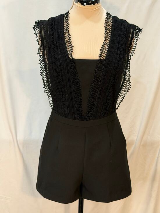 Greylin Pants - Greylin Black Lace Crochet Bodice Romper Size 8 Deep V Fringe Trim Night Out